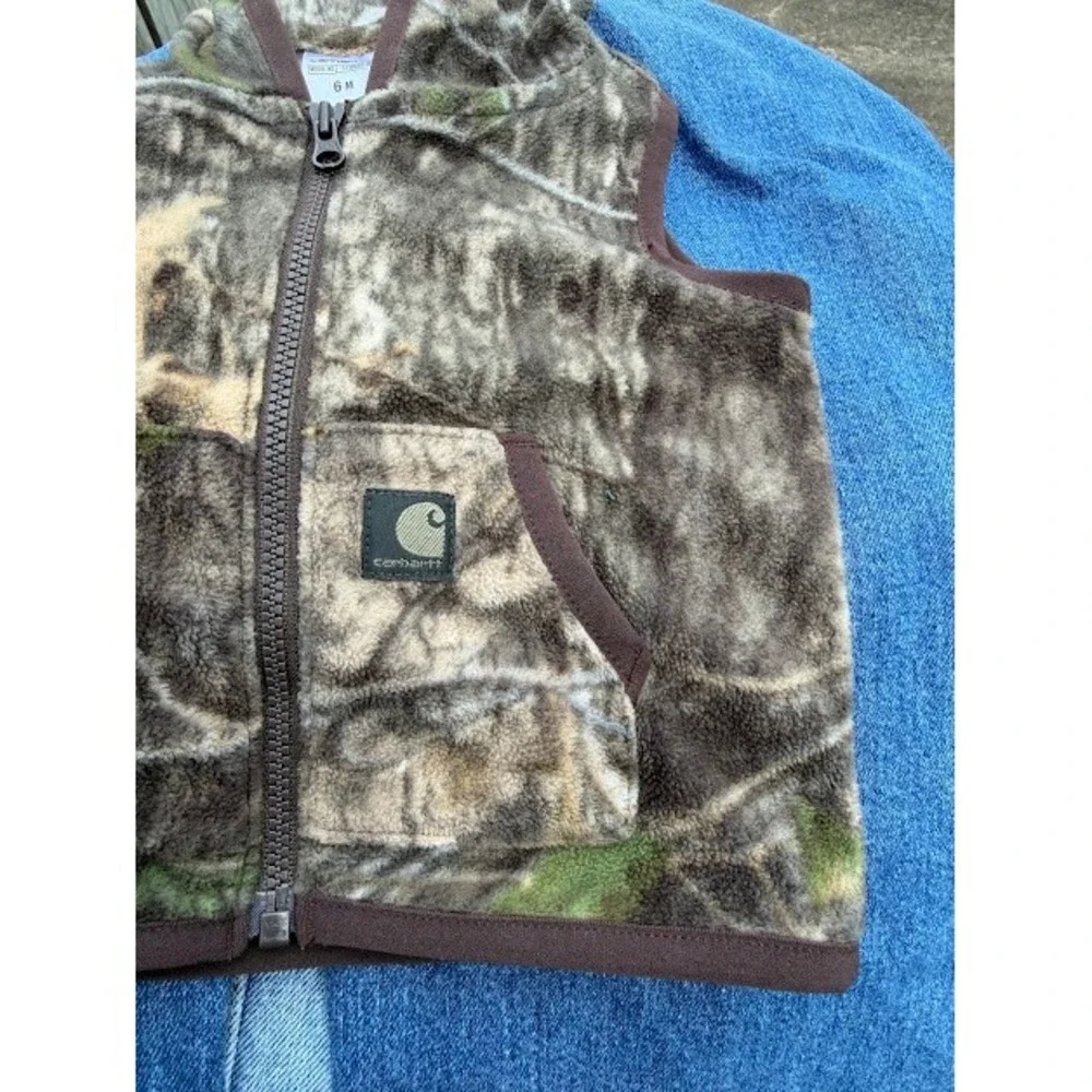Camo Carhartt Fleece Vest Kids 6M Brown Real Tree Hooded Zip Up ST8886-B Rugged